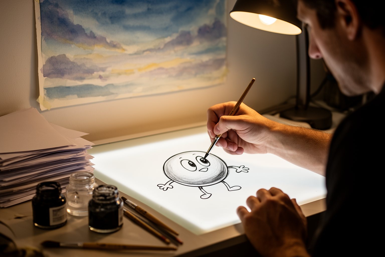 Animator inking hand-drawn cartoon frames on a glowing lightbox