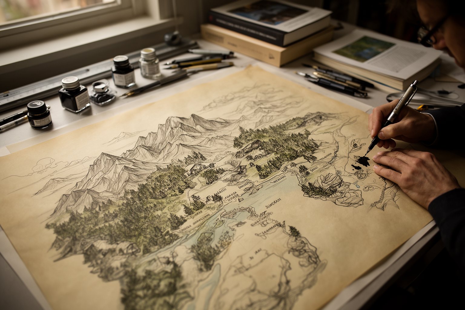 Delving Deep: The Hidden World of RPG Games Artist inking a hand-drawn fantasy world map at a drafting table