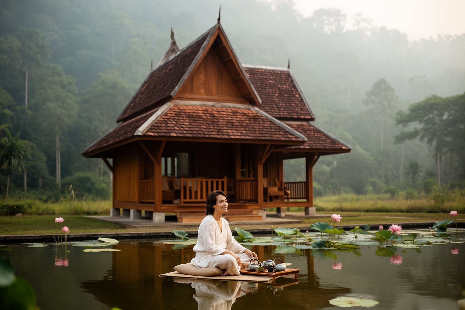 Teak resort pavilion over a lotus pond, blending traditional and modern Asian design