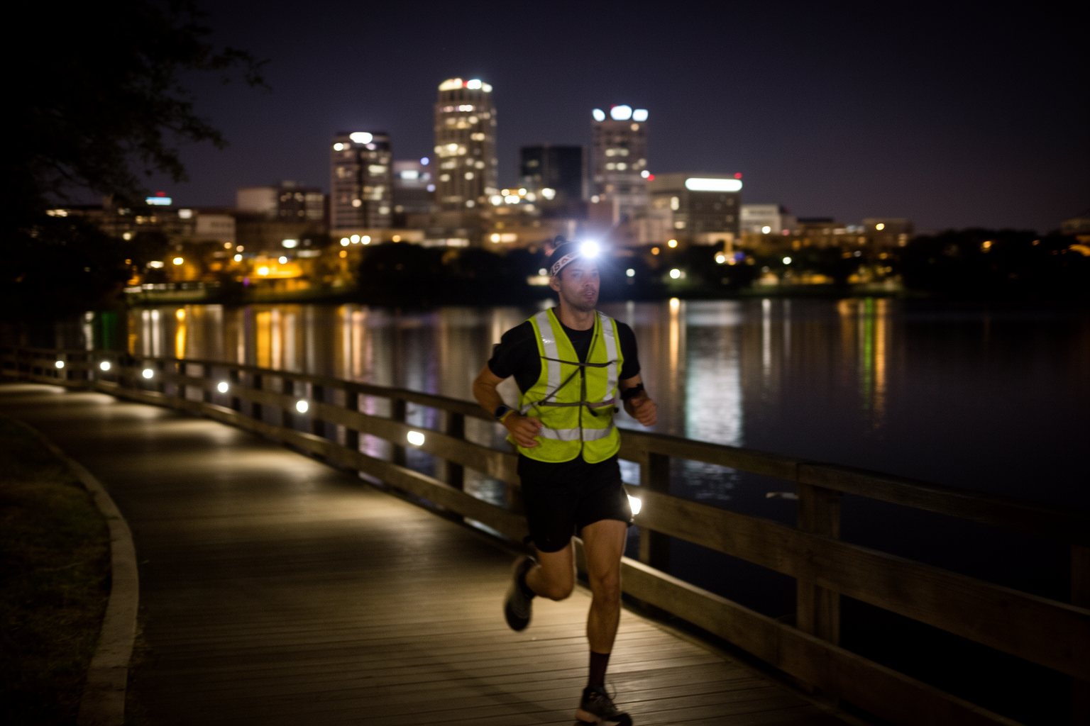 Jogging in Austin: Best Routes for Runners Runner with a headlamp on the lit Boardwalk Trail over Lady Bird Lake at night