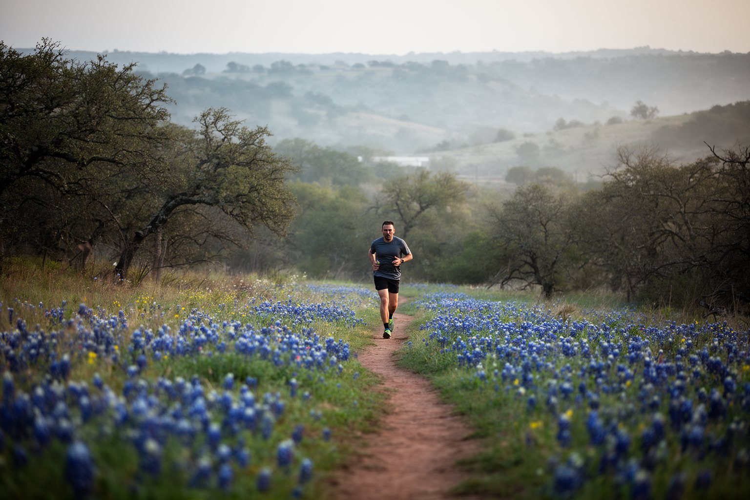 Jogging in Austin: Best Routes for Runners Lone runner on a quiet hill country trail through wildflowers on the edge of Austin