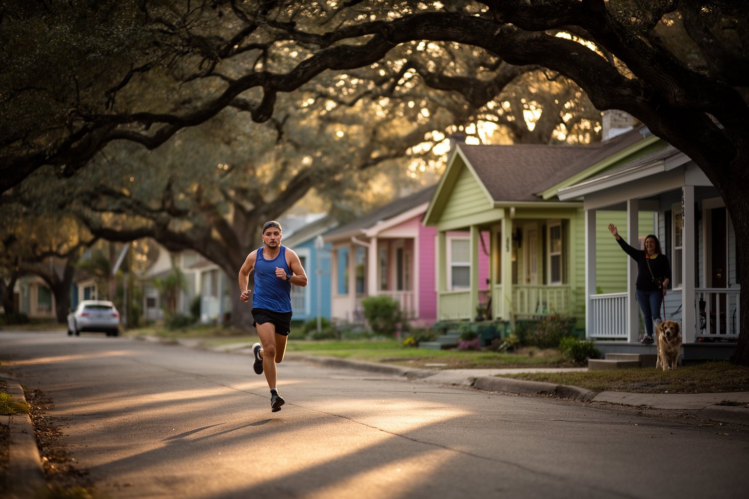 Jogging in Austin: Best Routes for Runners Runner jogging past bungalows and live oaks on a quiet Austin street at sunrise