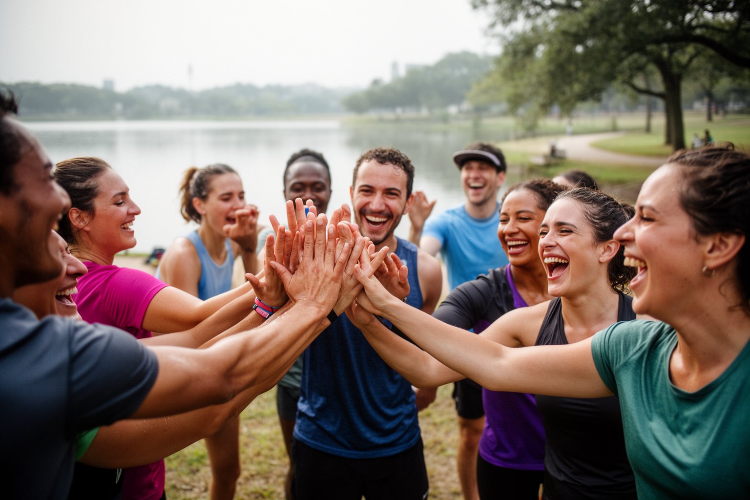 Jogging in Austin: Best Routes for Runners Local running group high-fiving at the end of a morning jog in an Austin park