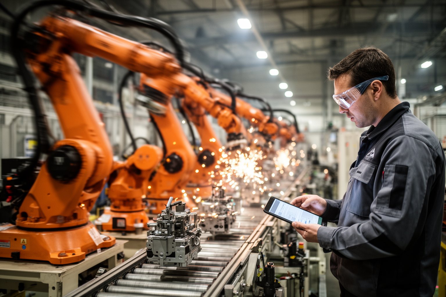 AI Outsmarting Humans: Capabilities, Limits and Ethics Worker with a tablet supervising robot arms on an automated factory line