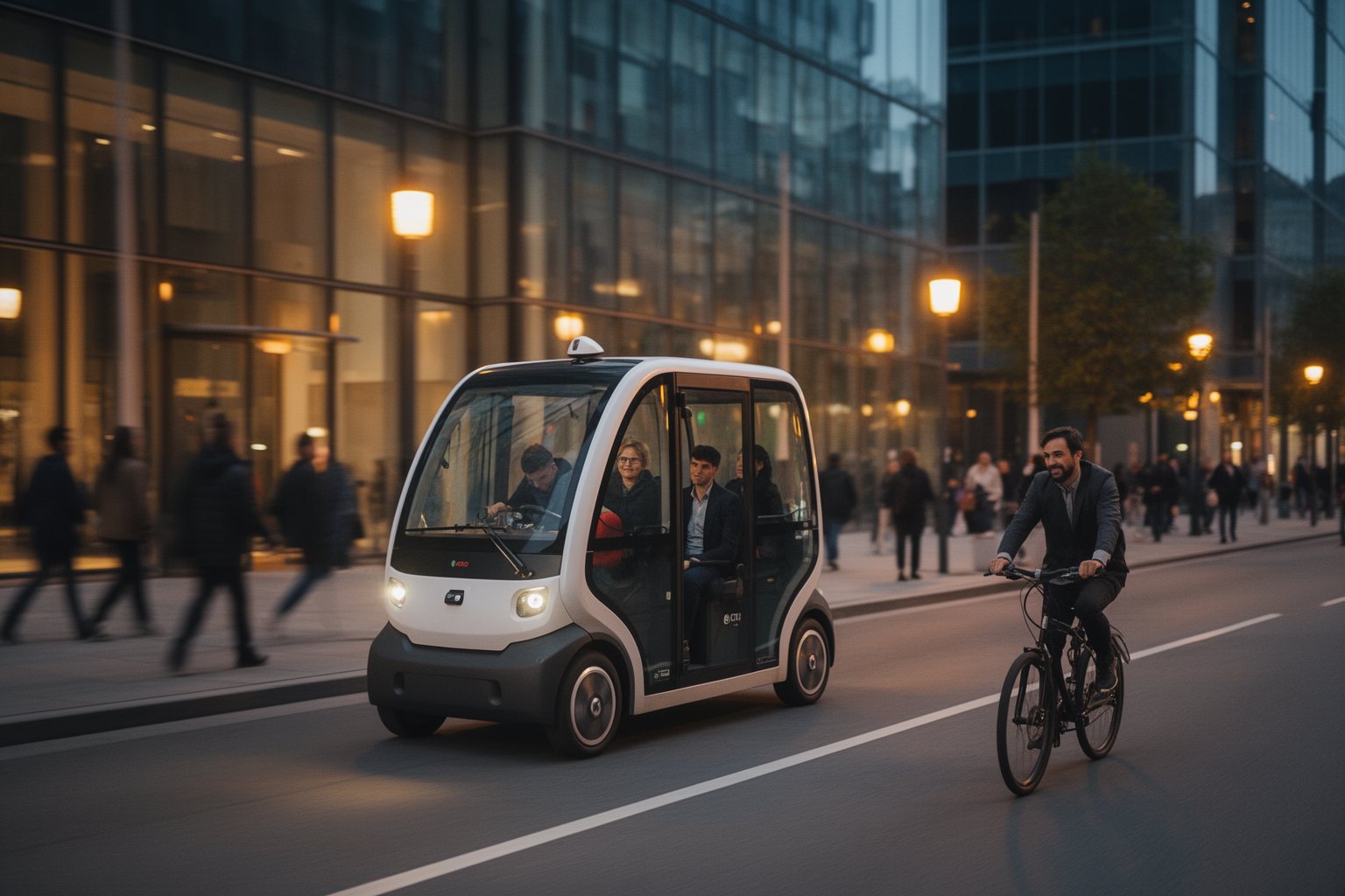 AI Outsmarting Humans: Capabilities, Limits and Ethics Autonomous electric shuttle carrying passengers along a city street at dusk