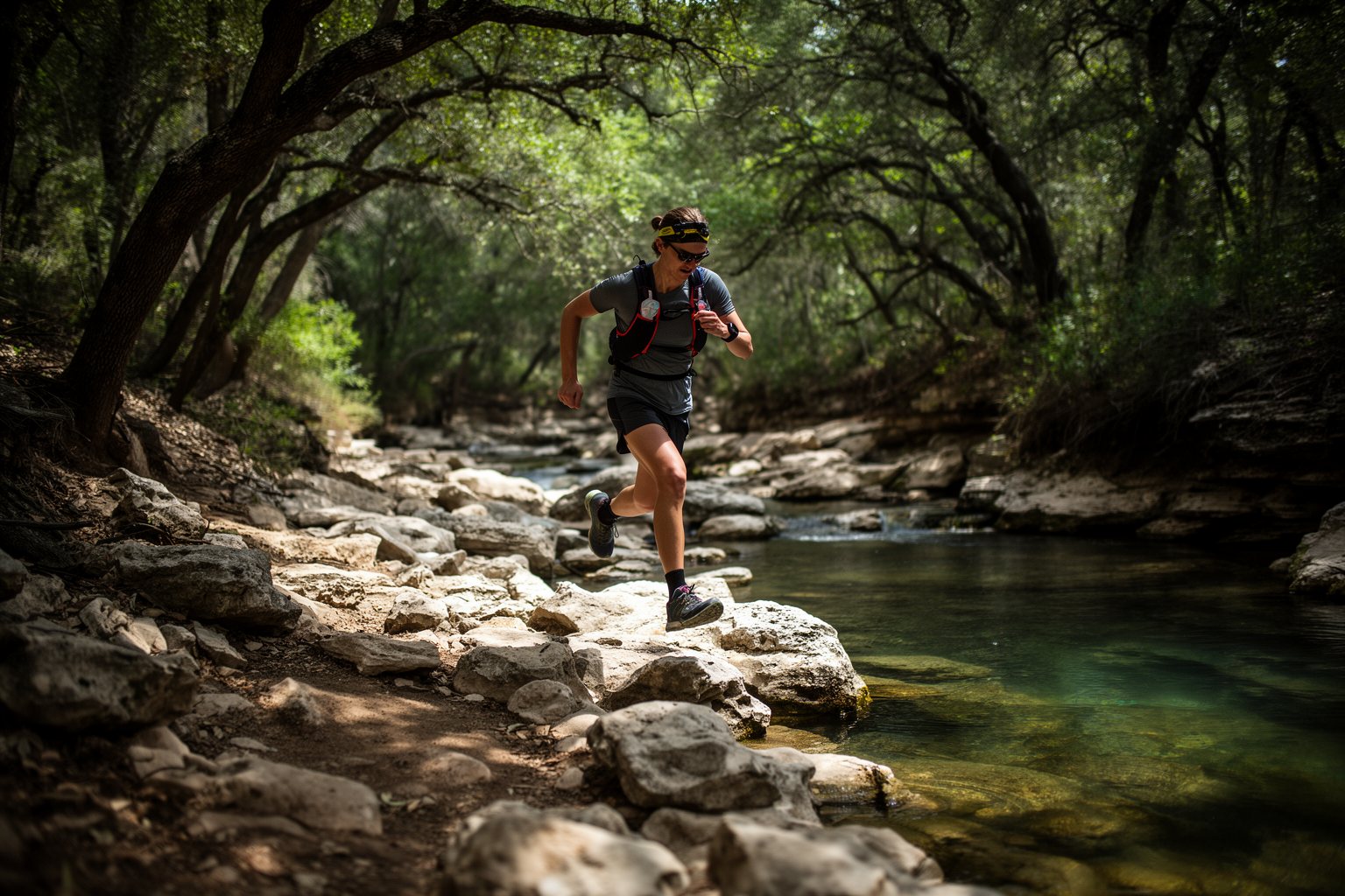 Jogging in Austin: Best Routes for Runners Trail runner hopping across limestone rocks on the shaded Barton Creek Greenbelt in Austin