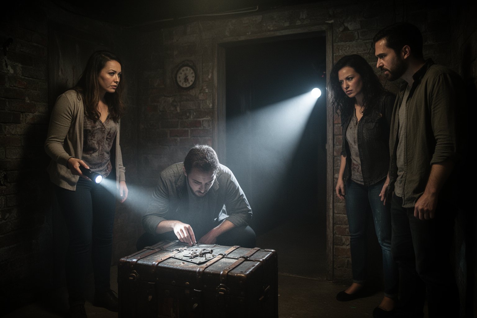 The Basement Escape Room: The Science of the Thrill Tense team with flashlights searching a dim basement set in a Los Angeles horror escape room