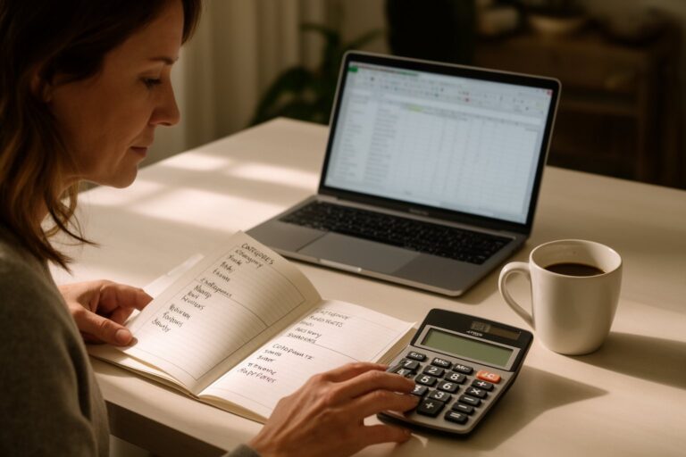 8 Budgeting Basics You Probably Don't Know Woman working through budgeting basics in a notebook with a calculator and coffee at her desk