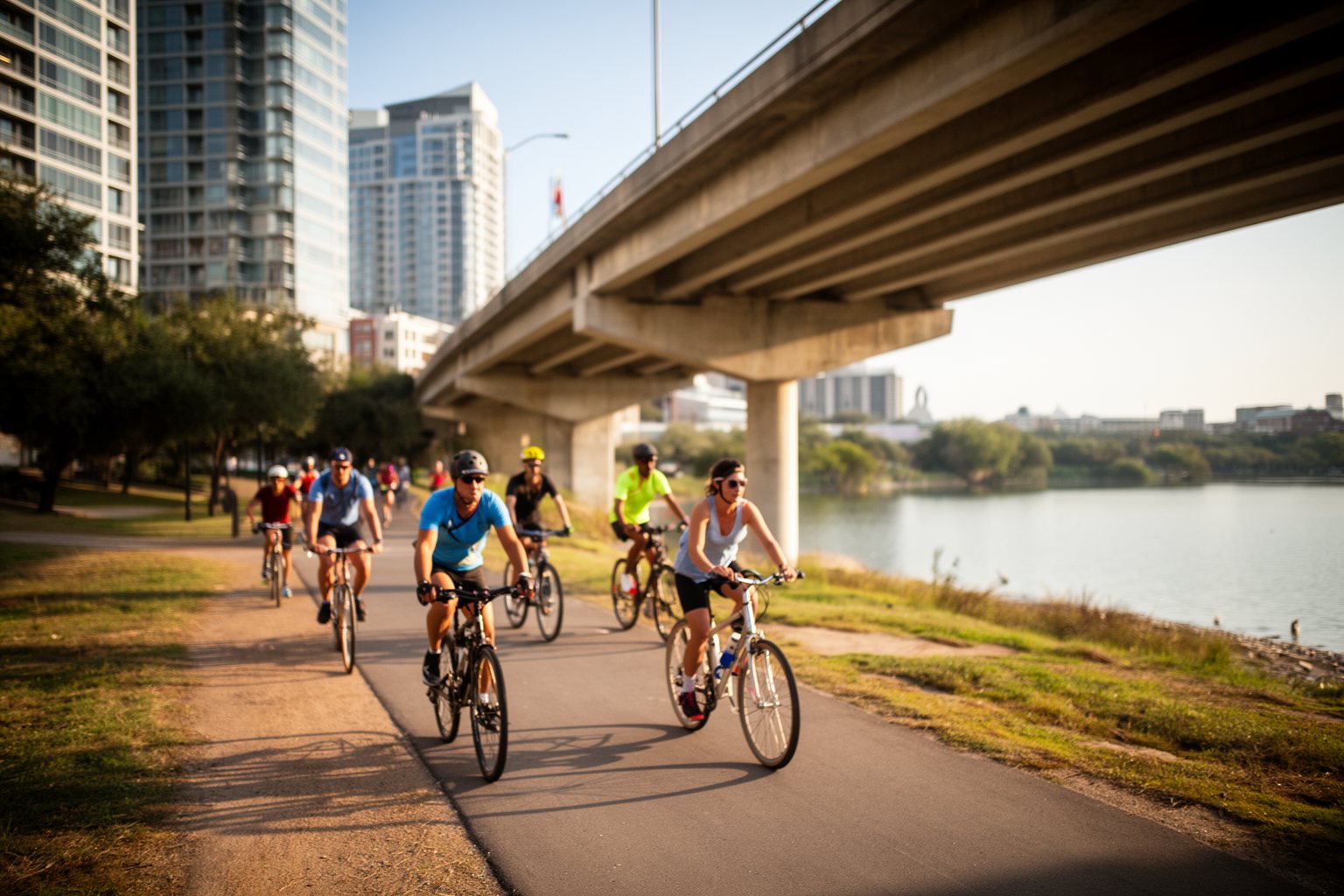 Jogging in Austin: Best Routes for Runners Runners and cyclists on a paved stretch of Austin's Butler Hike-and-Bike Trail under a downtown bridge