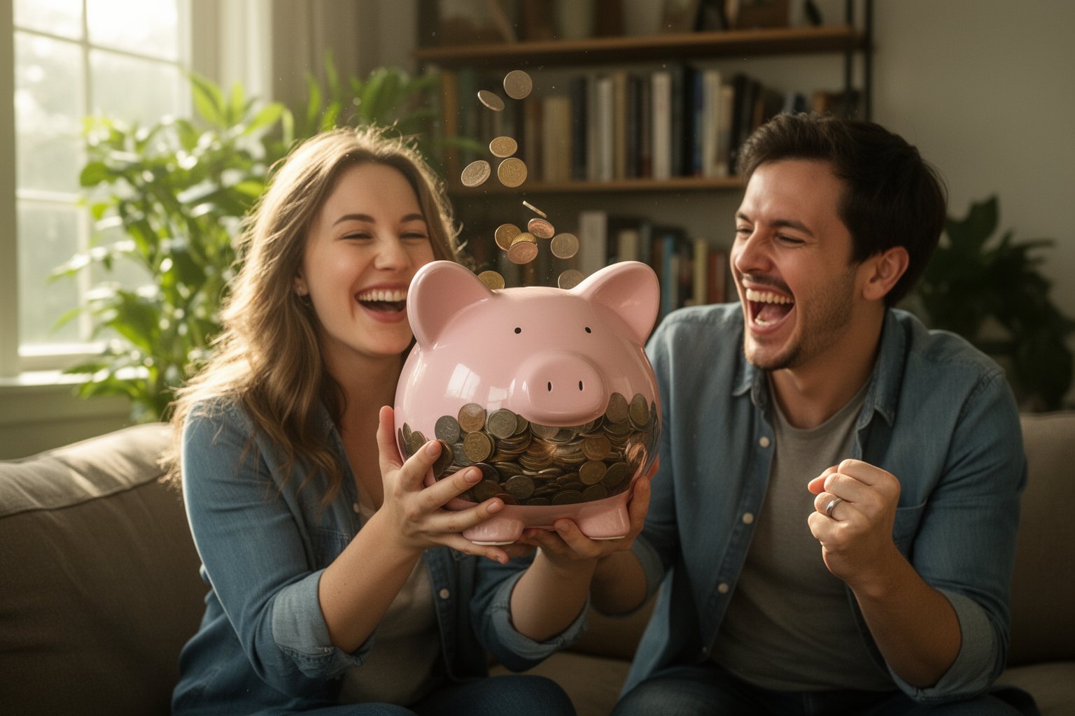 Penny Pinching Pros: How to Save Money Like a Pro Couple celebrating a savings goal, holding up a full piggy bank in their living room