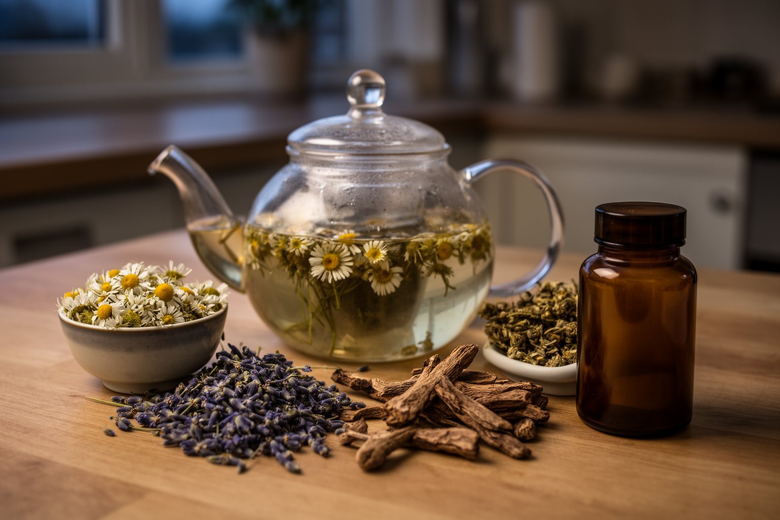 Hacking Your Sleep For A Restful Night Dried chamomile flowers and valerian root beside a glass teapot of herbal tea