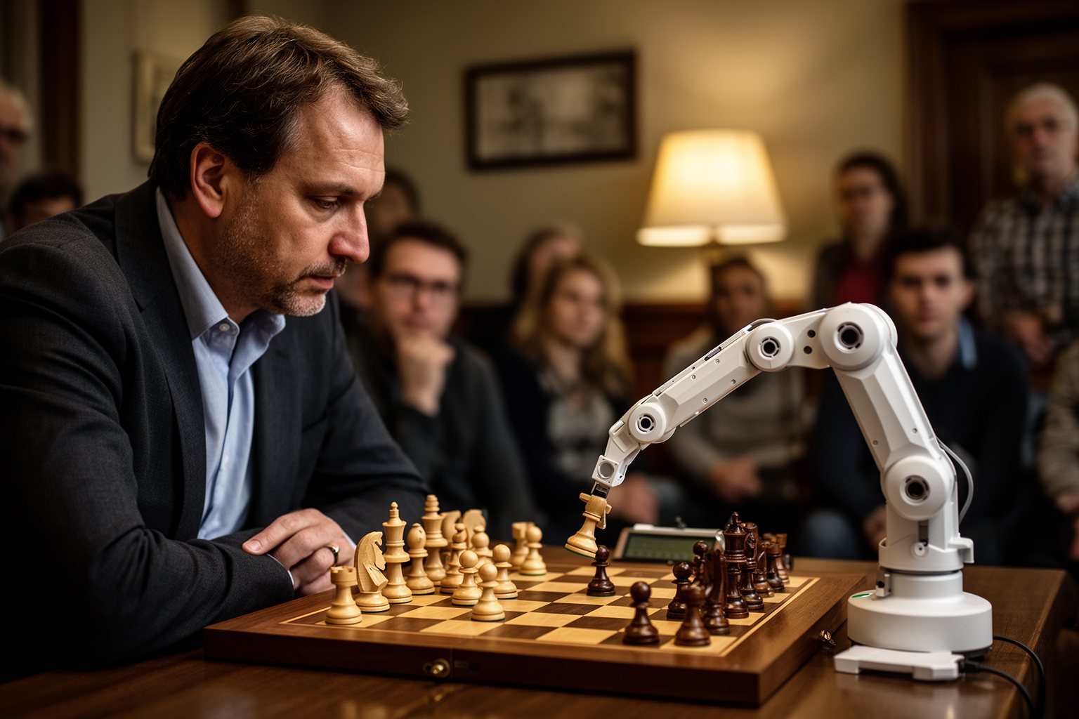 AI Outsmarting Humans: Capabilities, Limits and Ethics Chess player facing a robotic arm moving a piece, a classic case of AI outsmarting humans