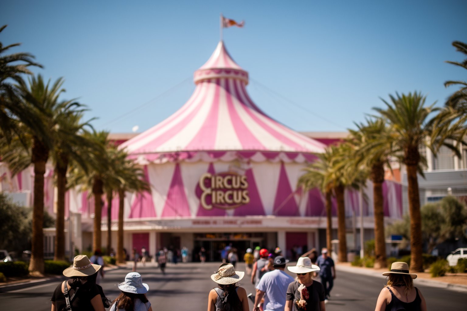 Circus Circus Las Vegas: Casino, Adventuredome and Acts Visitors walking past the pink and white big-top exterior of Circus Circus Las Vegas on a sunny day