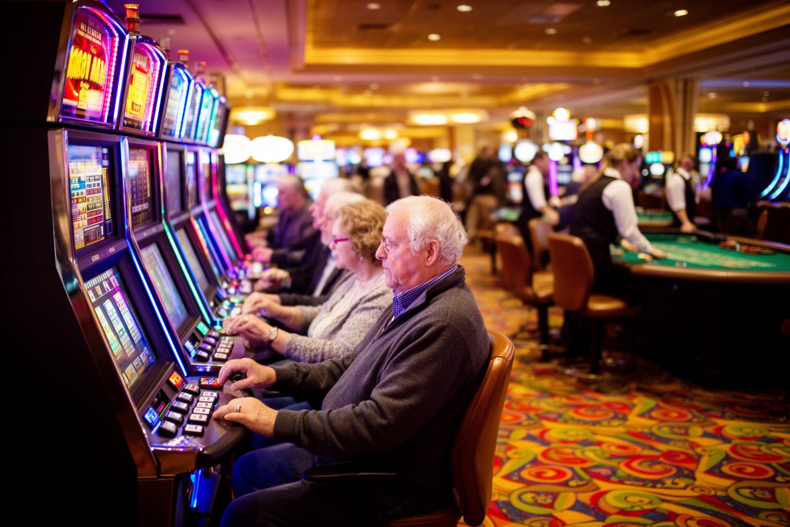 Circus Circus Las Vegas: Casino, Adventuredome and Acts Guests playing slot machines on the colourful carnival-themed casino floor at Circus Circus