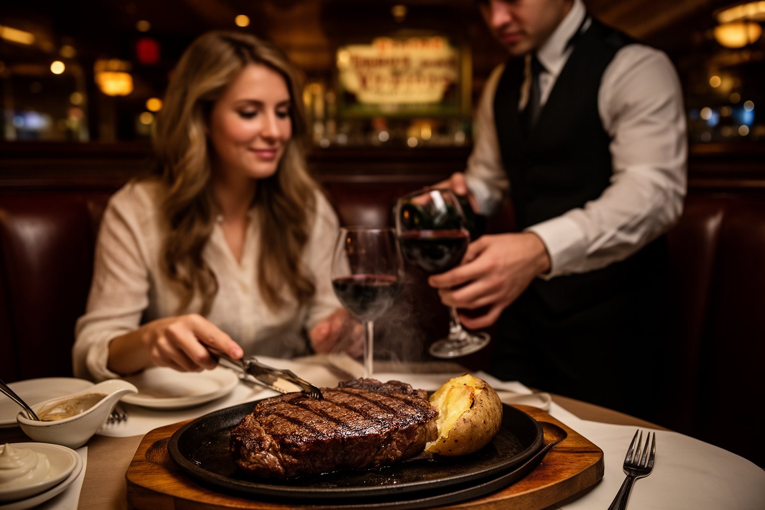 Circus Circus Las Vegas: Casino, Adventuredome and Acts Couple dining on steak in a dark wood booth at a classic Las Vegas resort steakhouse