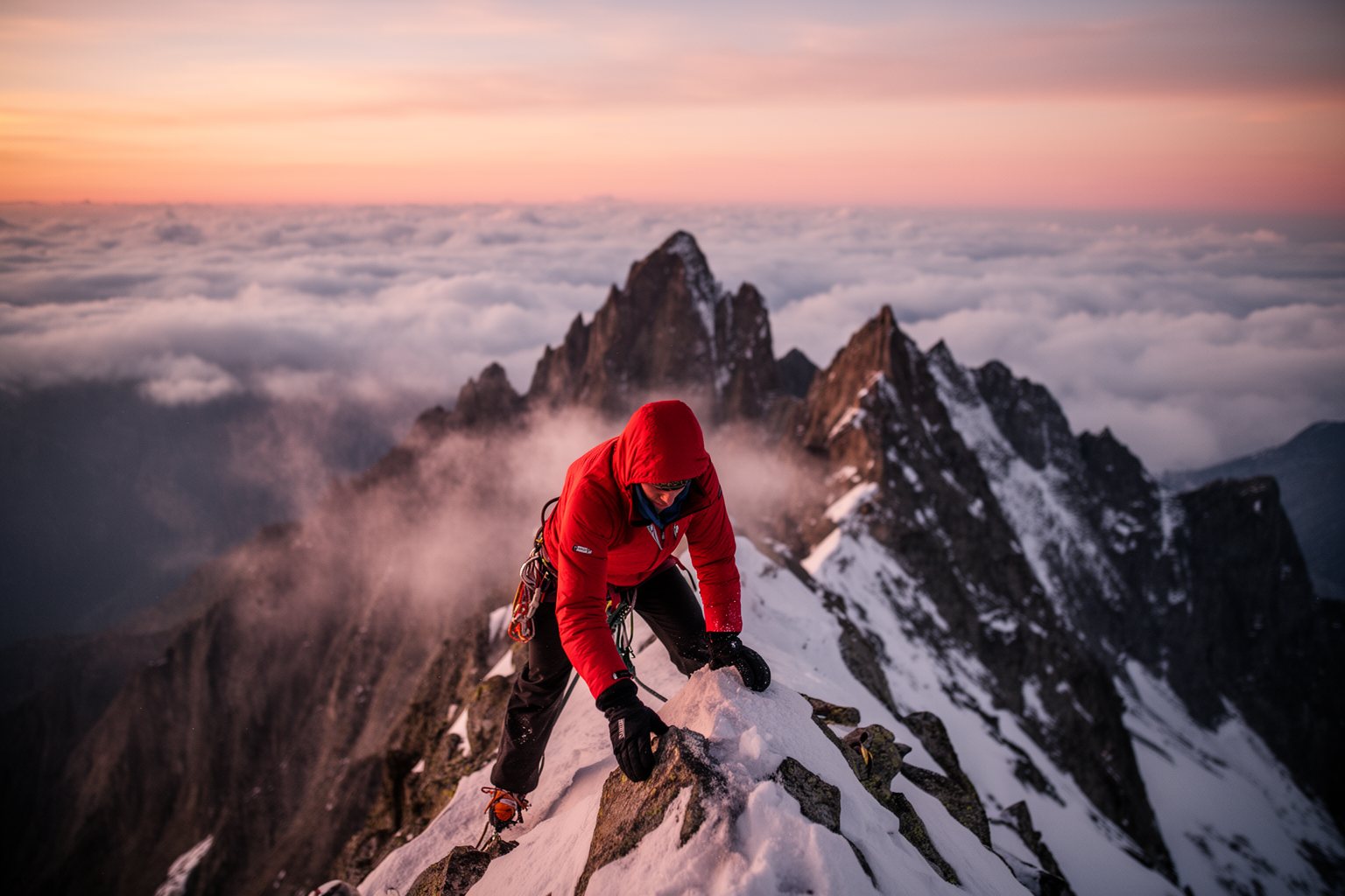 Climber reaching a snowy mountain ridge at sunrise, echoing a platformer about climbing a mountain