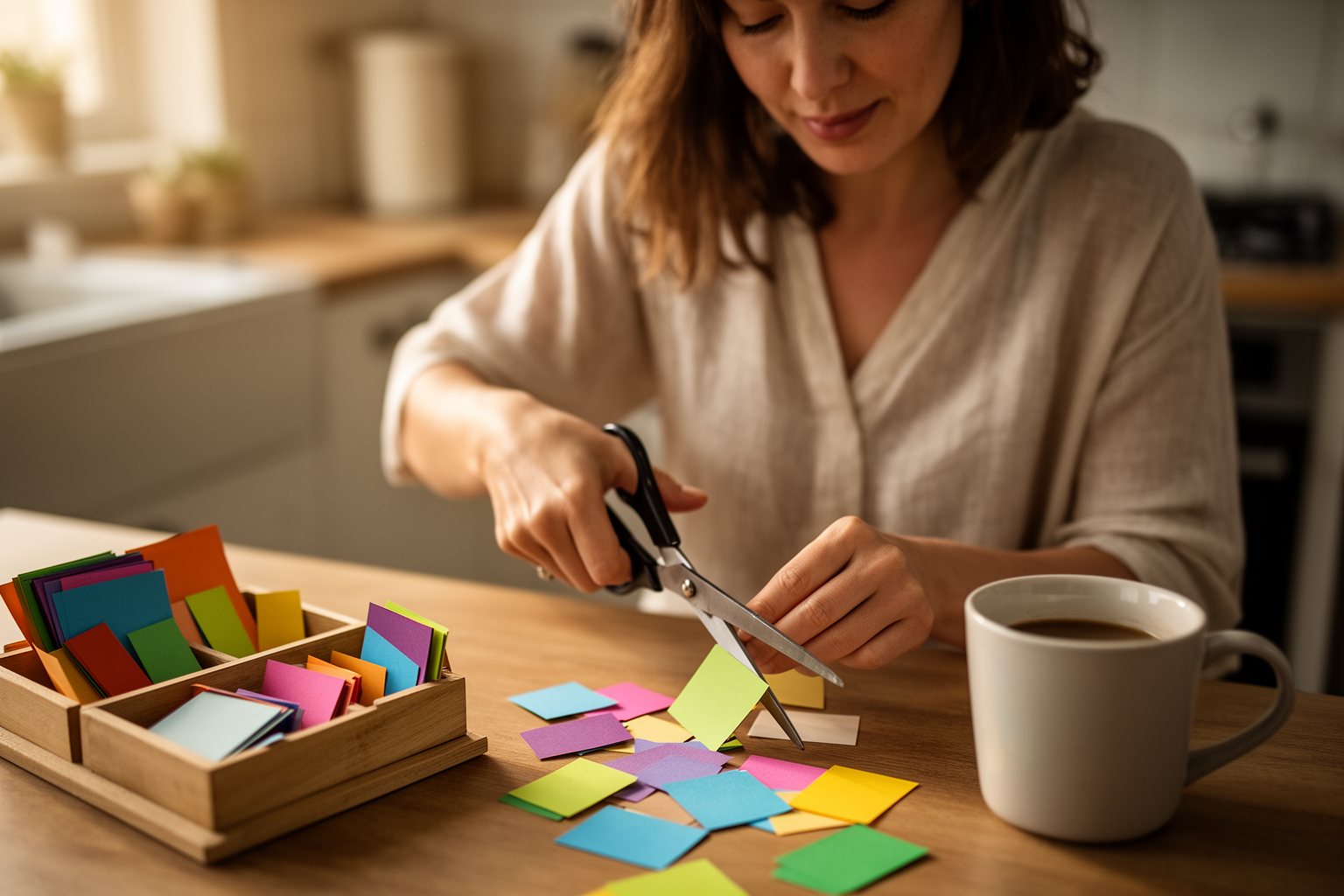 Woman clipping grocery coupons from a flyer at her kitchen table