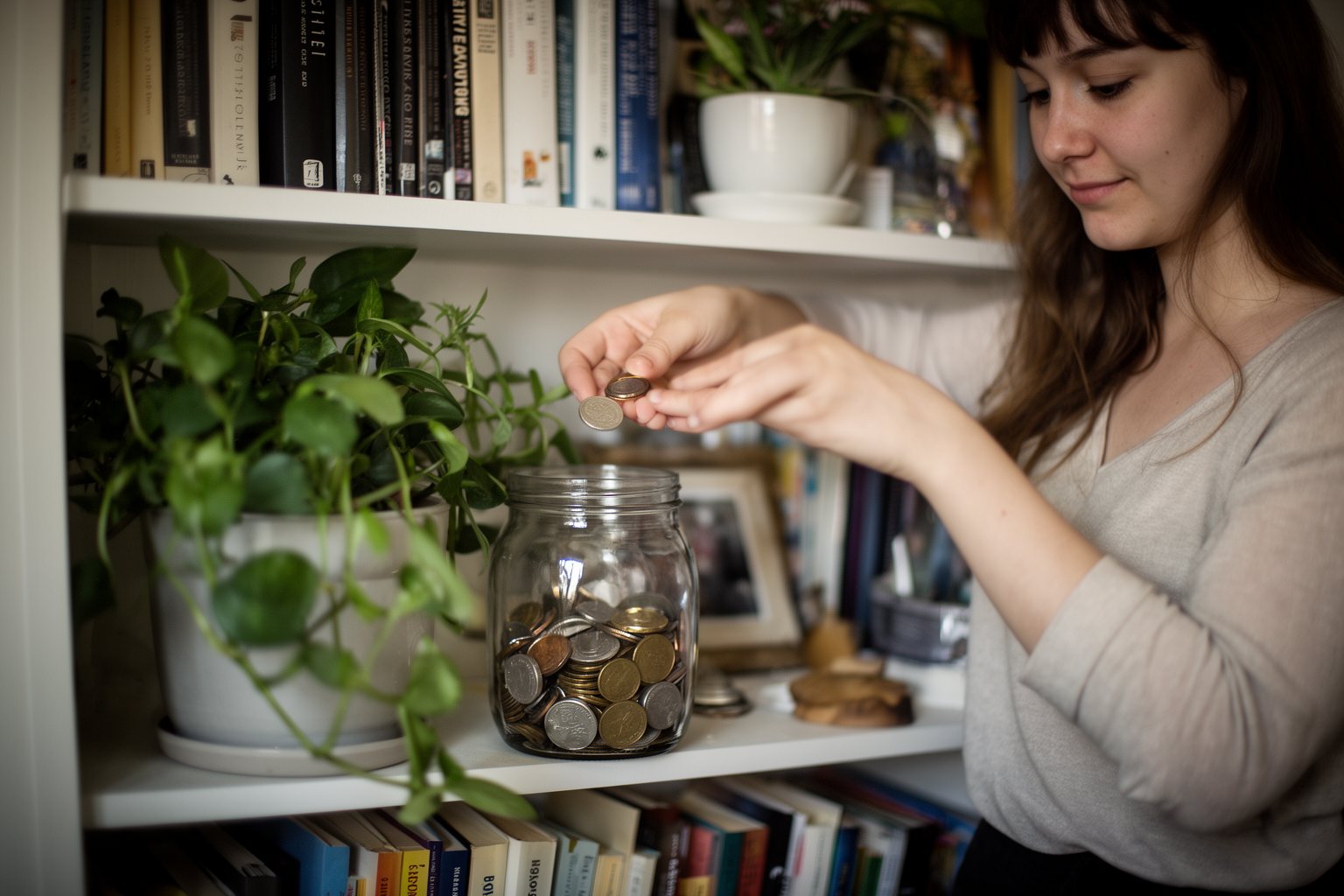 Money Lessons for Young Adults I'd Teach My Younger Self Young woman dropping coins into a glass savings jar on a bookshelf