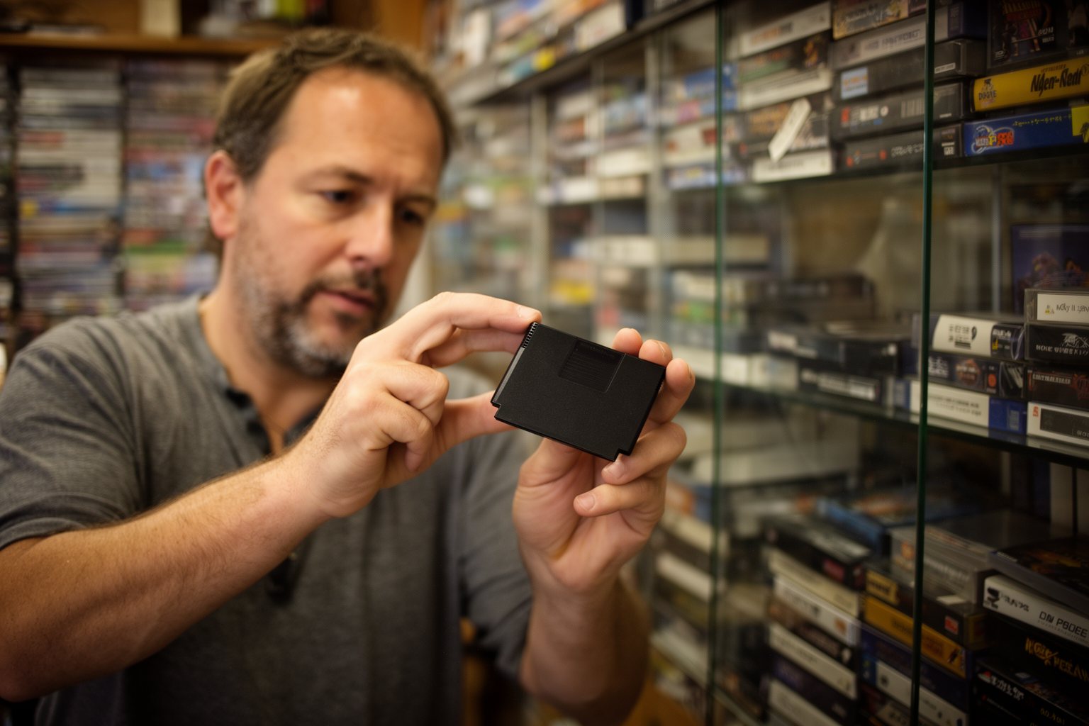 Collector inspecting an old cartridge in a used game shop lined with retro games