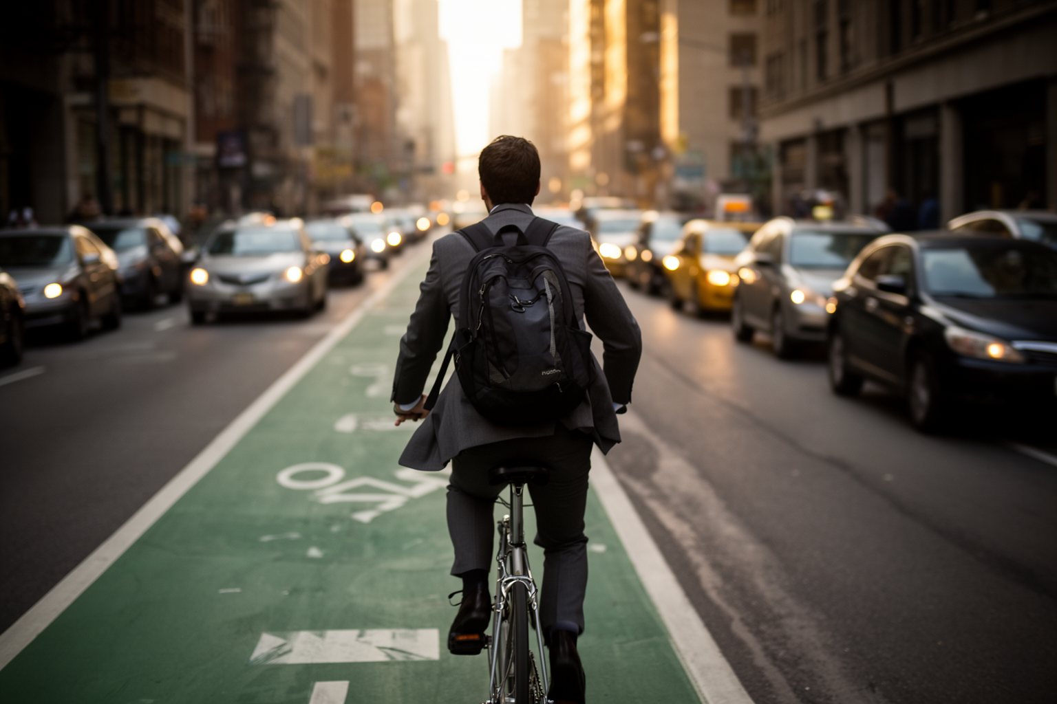 Penny Pinching Pros: How to Save Money Like a Pro Commuter riding a bicycle in a city bike lane instead of driving to save on fuel
