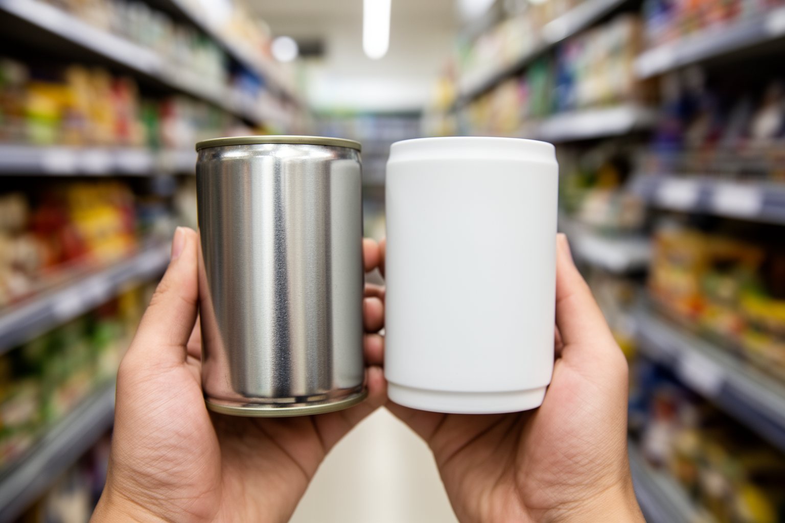 Hands holding a store-brand and a name-brand can side by side to compare
