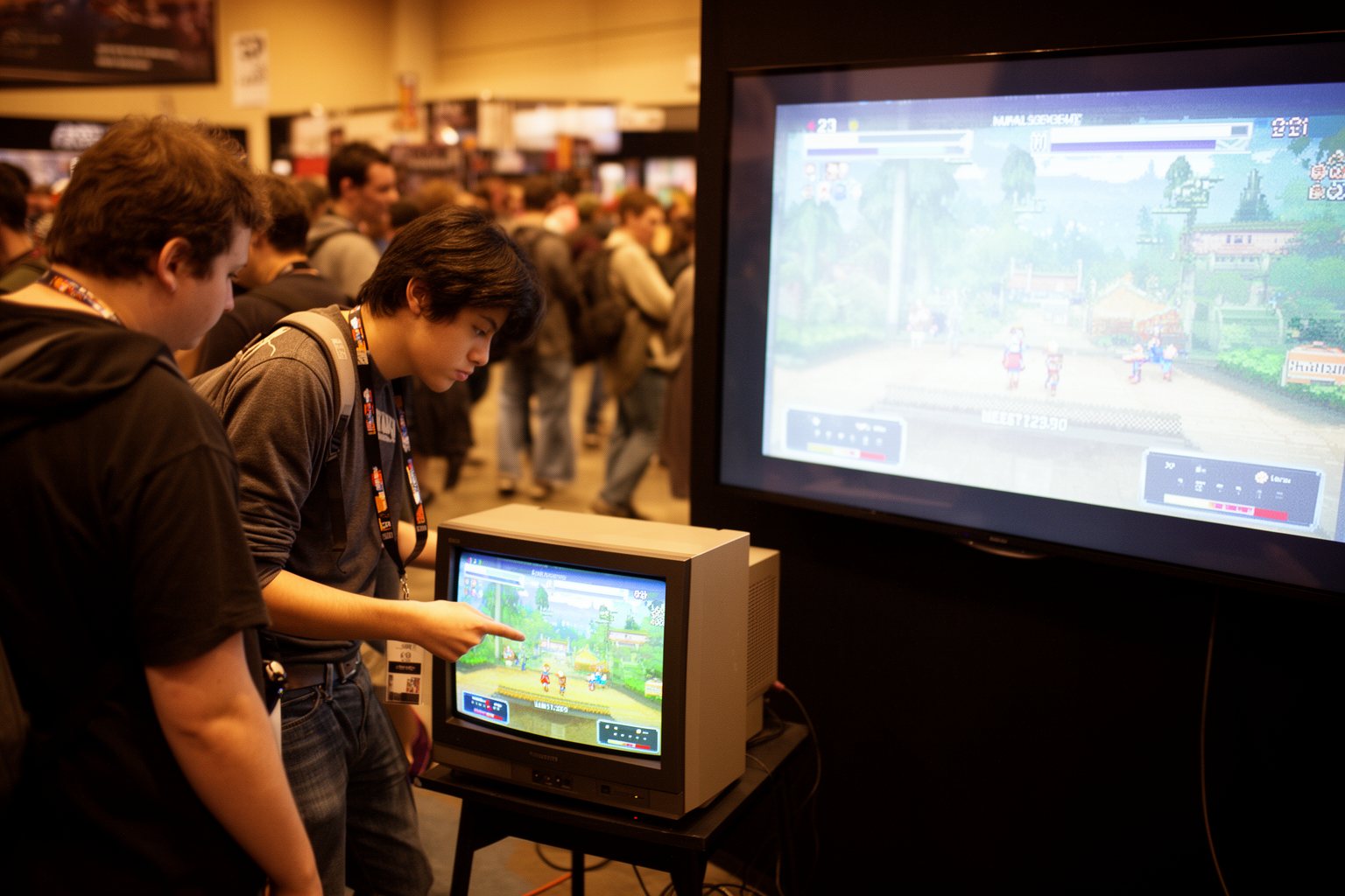 Visitors comparing a classic game on a CRT with its modern remake on a flat screen