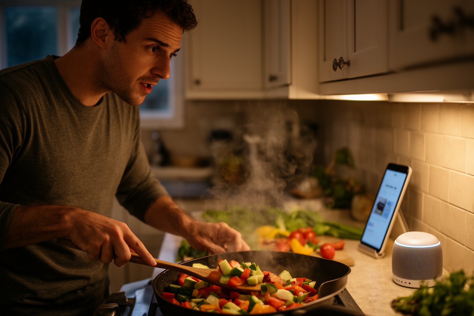 AI Outsmarting Humans: Capabilities, Limits and Ethics Man asking a smart speaker for help while cooking in his kitchen