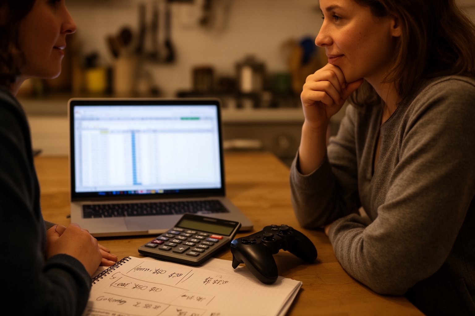 PC vs Console Gaming Cost: Which Is Cheaper Long Term? Couple comparing long-term PC and console gaming costs with a laptop and calculator
