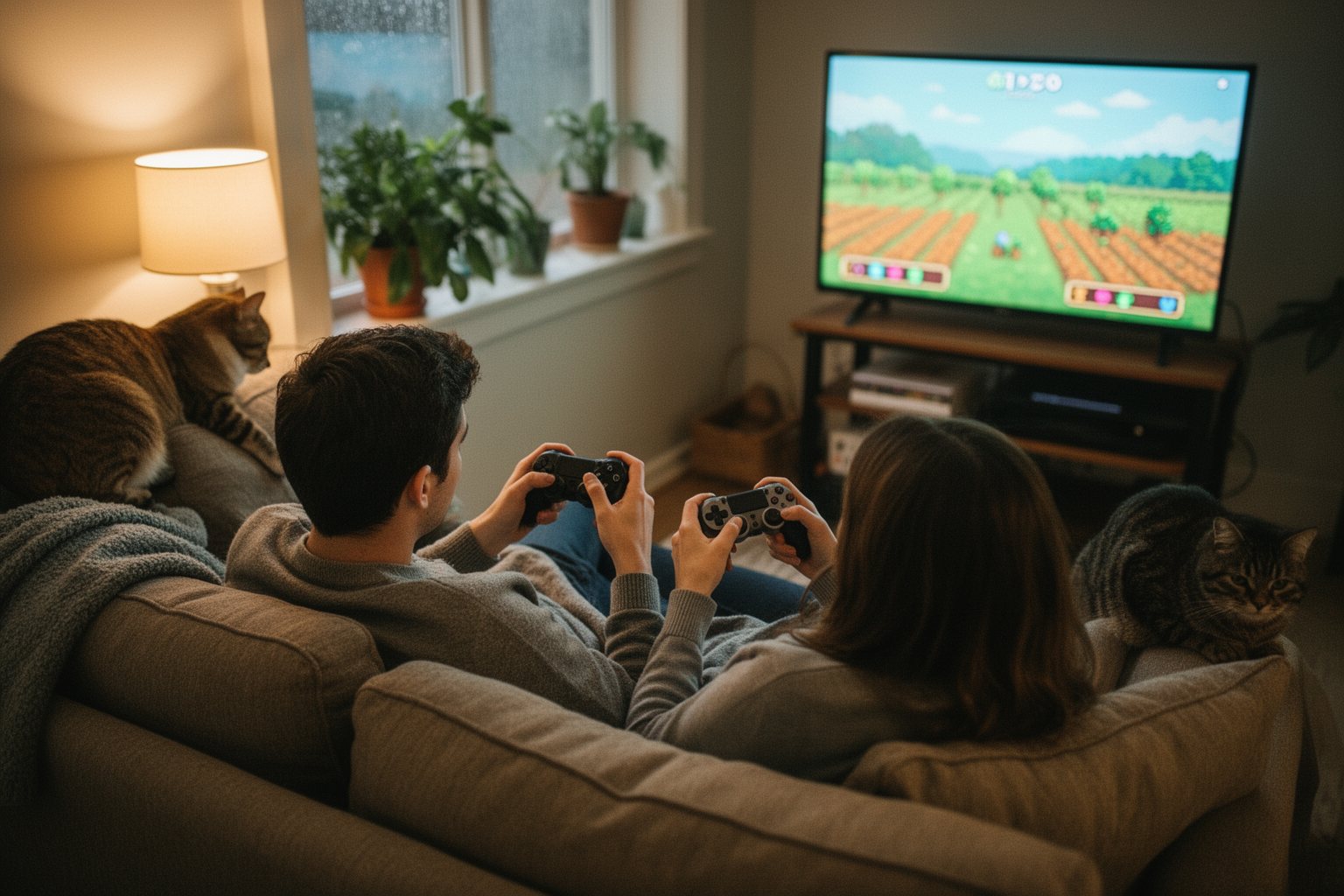 Couple on the sofa playing a cosy pixel-art farming game together