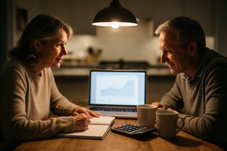 Shattering 5 Finance Myths You've Believed Since Your 40s Couple in their forties planning retirement with a laptop and notebook at the kitchen table