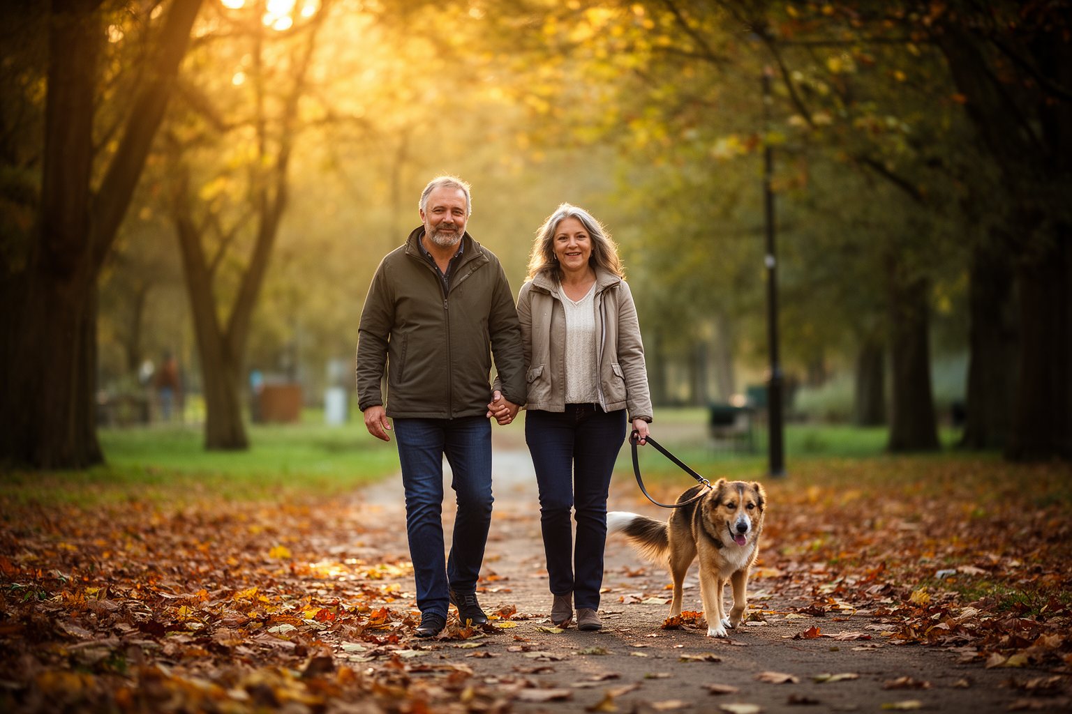 Shattering 5 Finance Myths You've Believed Since Your 40s Relaxed couple in their forties walking hand in hand through an autumn park