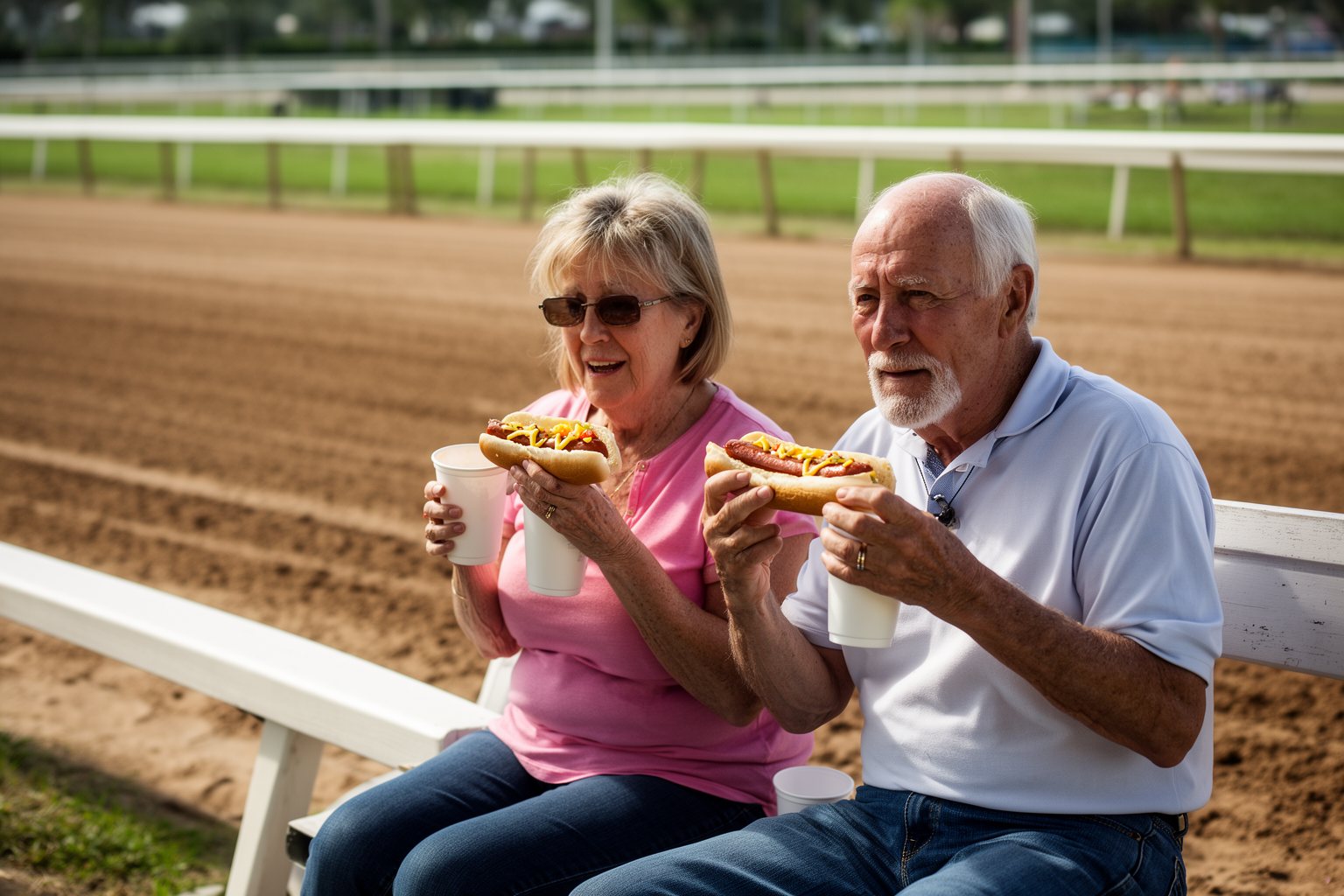 10 Reasons Why Tampa Bay Downs Should Be Your Next Destination Couple enjoying hot dogs and drinks on a trackside bench at the races