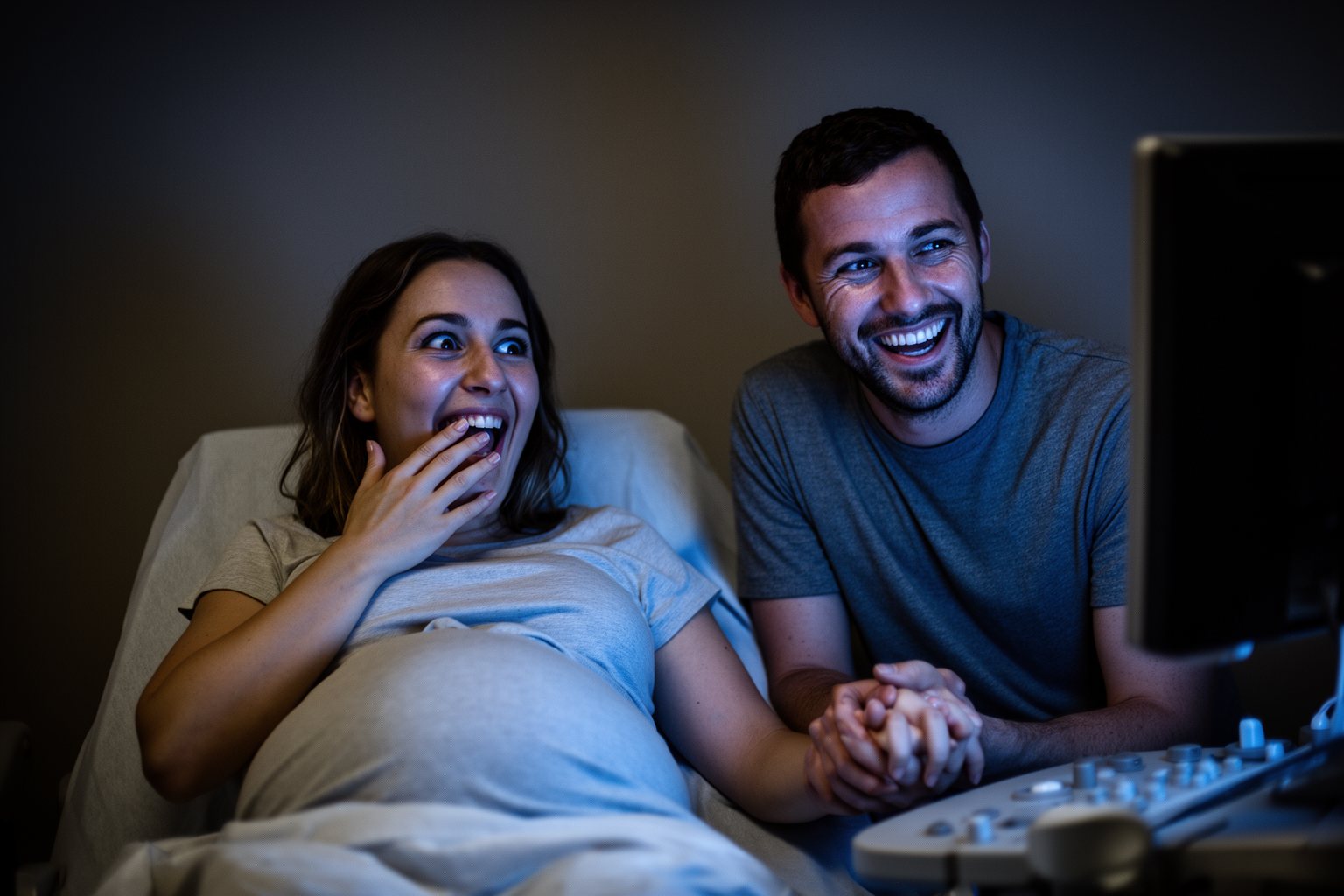 Twin Parenting: The Unexpected Journey of Tears and Laughter Couple reacting with surprise at an ultrasound appointment as they learn they are having twins