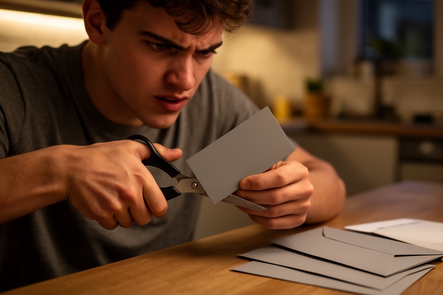 Money Lessons for Young Adults I'd Teach My Younger Self Young man cutting up a credit card at a kitchen table beside a stack of bills