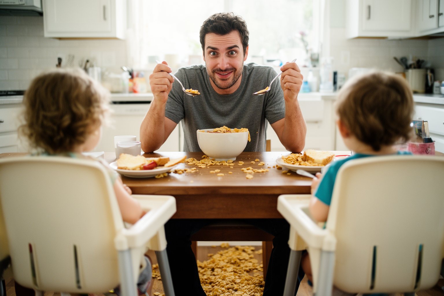 Twin Parenting: The Unexpected Journey of Tears and Laughter Father spoon-feeding two toddlers in high chairs at a messy breakfast