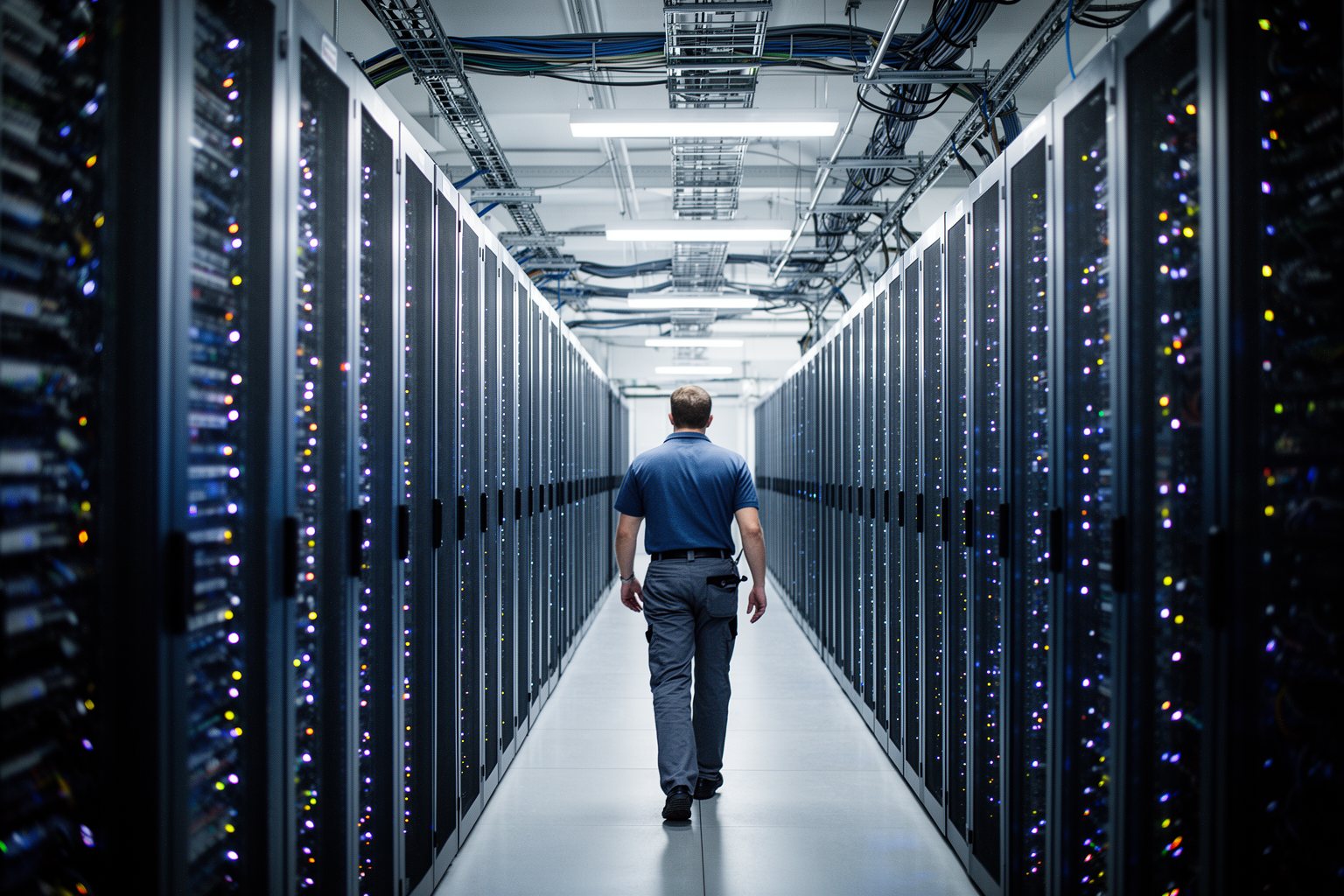 AI Outsmarting Humans: Capabilities, Limits and Ethics Engineer walking an aisle of server racks in a data centre that powers artificial intelligence