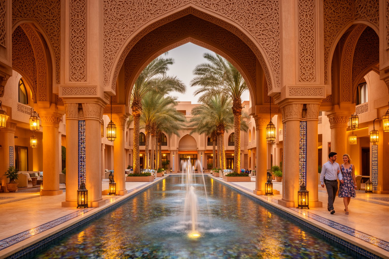 Palace-style hotel courtyard with ornate arches and a fountain in the Middle East