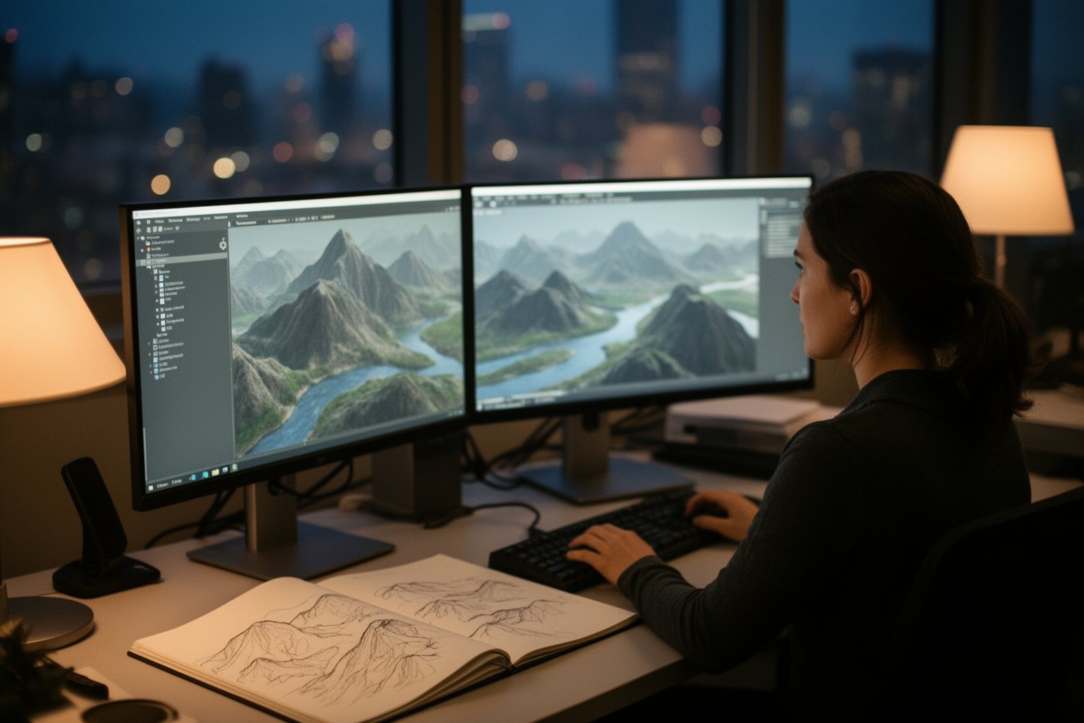 AI in PC Gaming: How It Powers Realistic Game Worlds Developer reviewing procedurally generated terrain on dual monitors