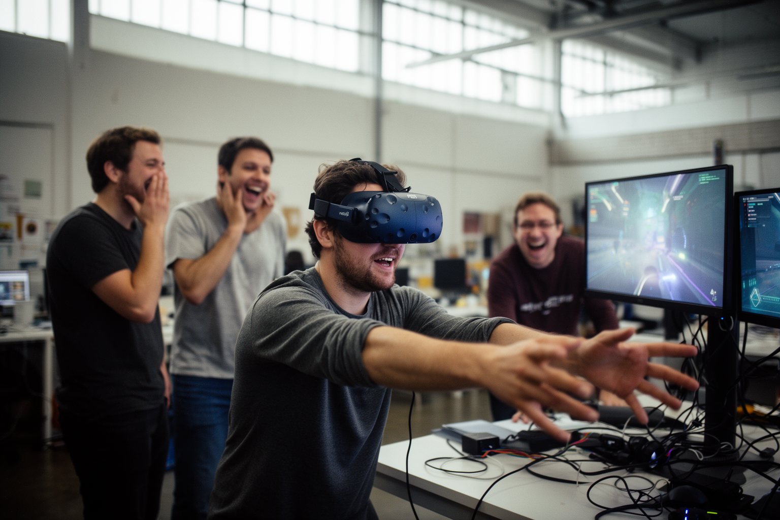 AI in PC Gaming: How It Powers Realistic Game Worlds Developer testing a VR prototype in a studio while colleagues watch on monitors