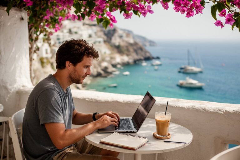 Digital Nomad Work Life Balance: How to Work and Play Digital nomad working on a laptop at a seaside cafe terrace, balancing work and travel