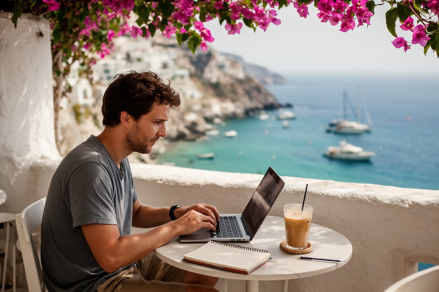 Digital nomad working on a laptop at a seaside cafe terrace, balancing work and travel