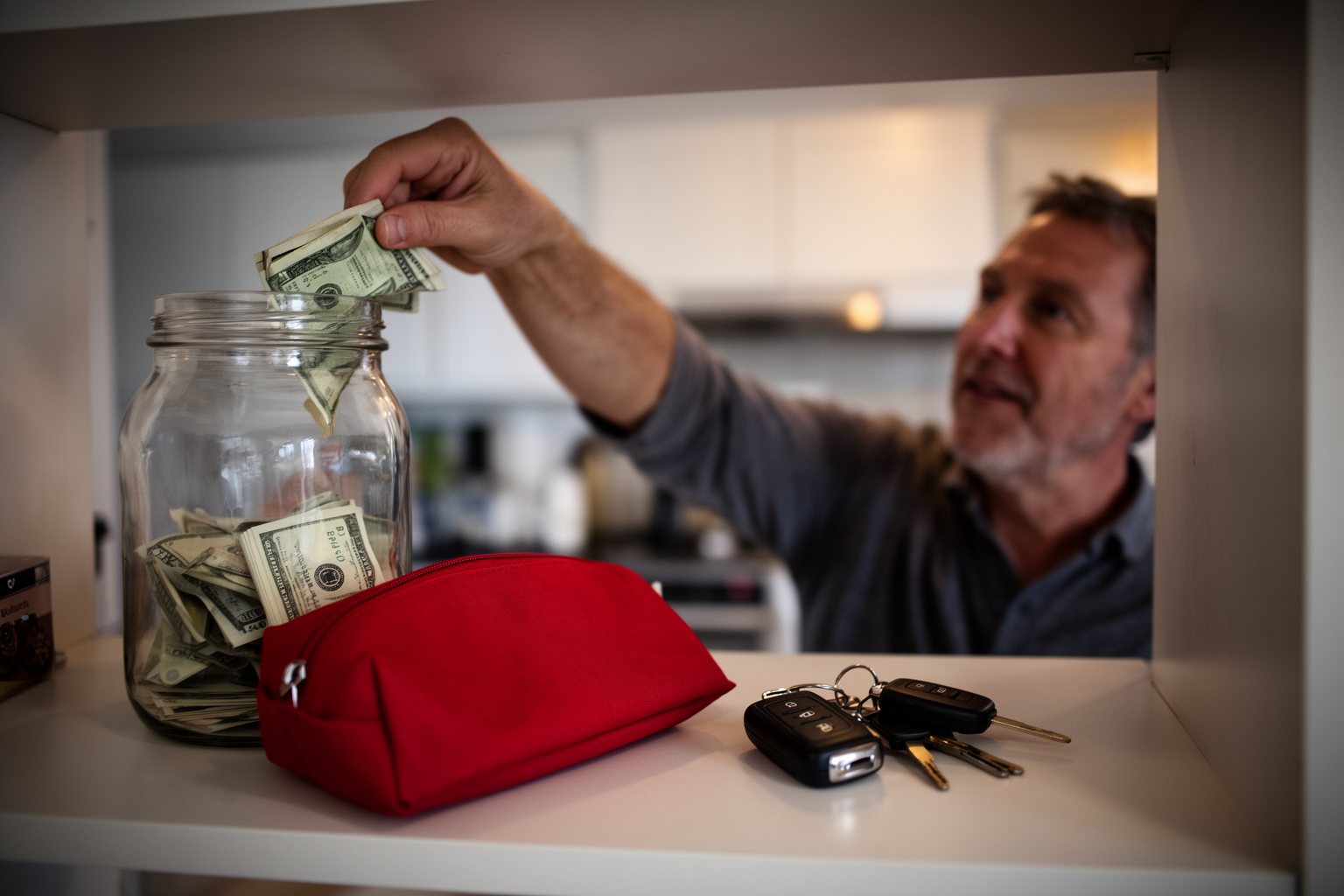 Penny Pinching Pros: How to Save Money Like a Pro Man adding cash to an emergency fund jar kept on a kitchen shelf