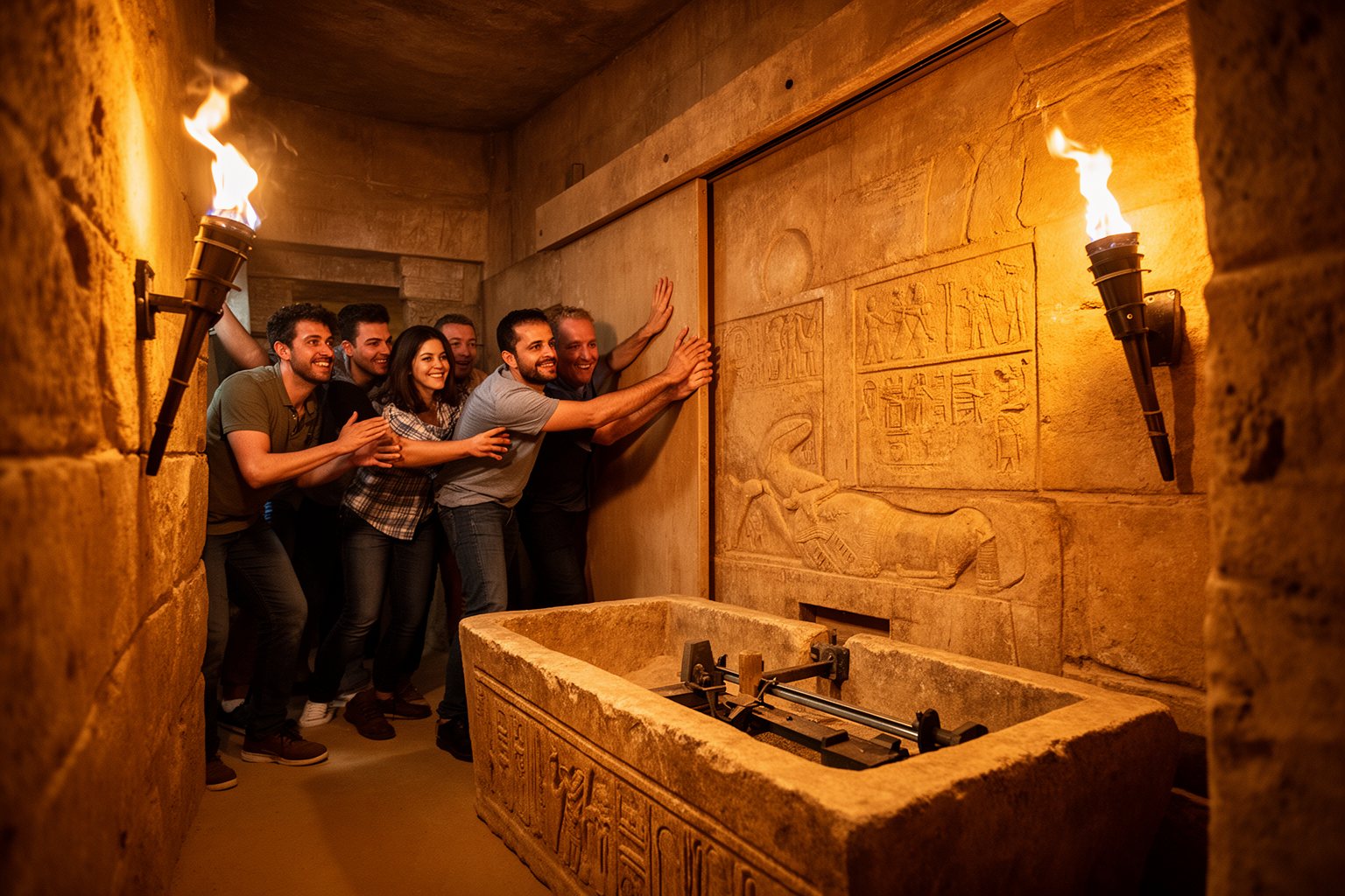 10 Las Vegas Escape Rooms You Absolutely Must Try Team exploring a cinematic ancient-tomb set with sandstone walls in a Las Vegas escape room