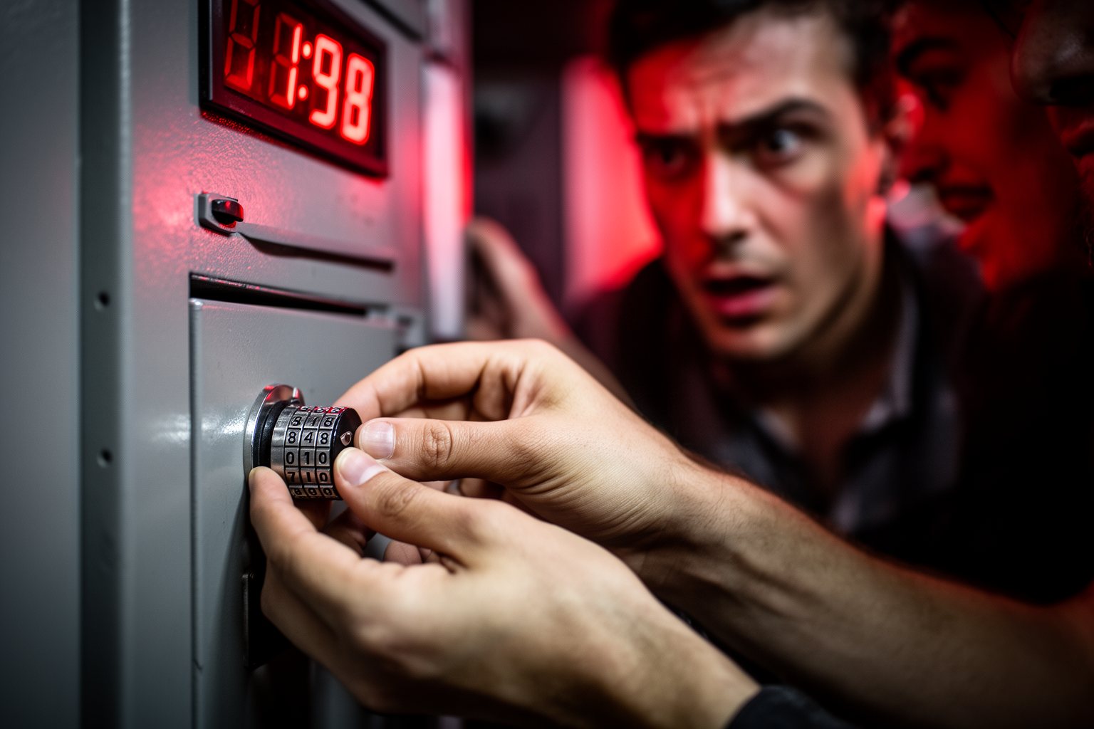 10 Las Vegas Escape Rooms You Absolutely Must Try Hands racing to turn a combination lock under a glowing red countdown light in an escape room