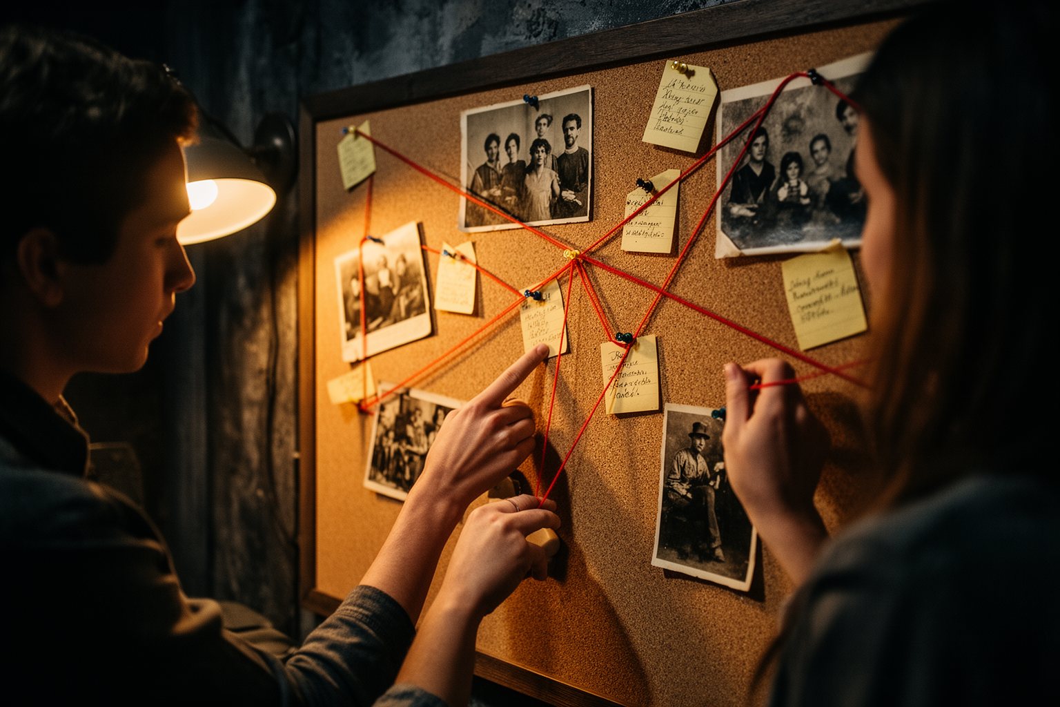 The Basement Escape Room: The Science of the Thrill Players studying a corkboard of photos joined with red string in an escape room