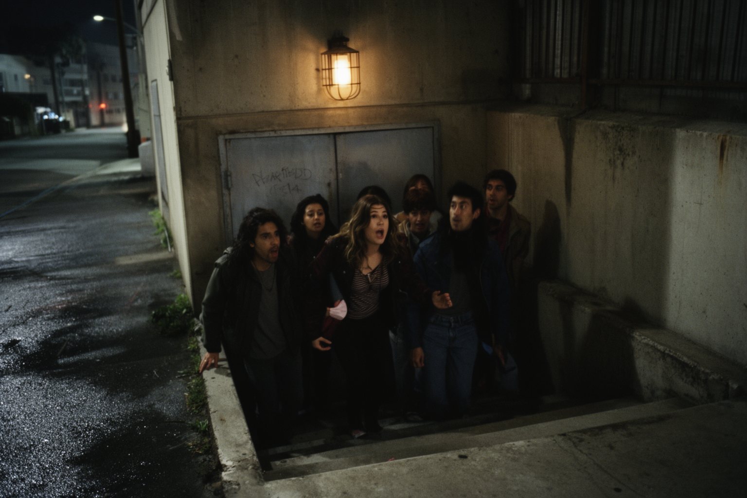The Basement Escape Room: The Science of the Thrill Friends heading down dim concrete steps to an unmarked escape room entrance in Los Angeles at night