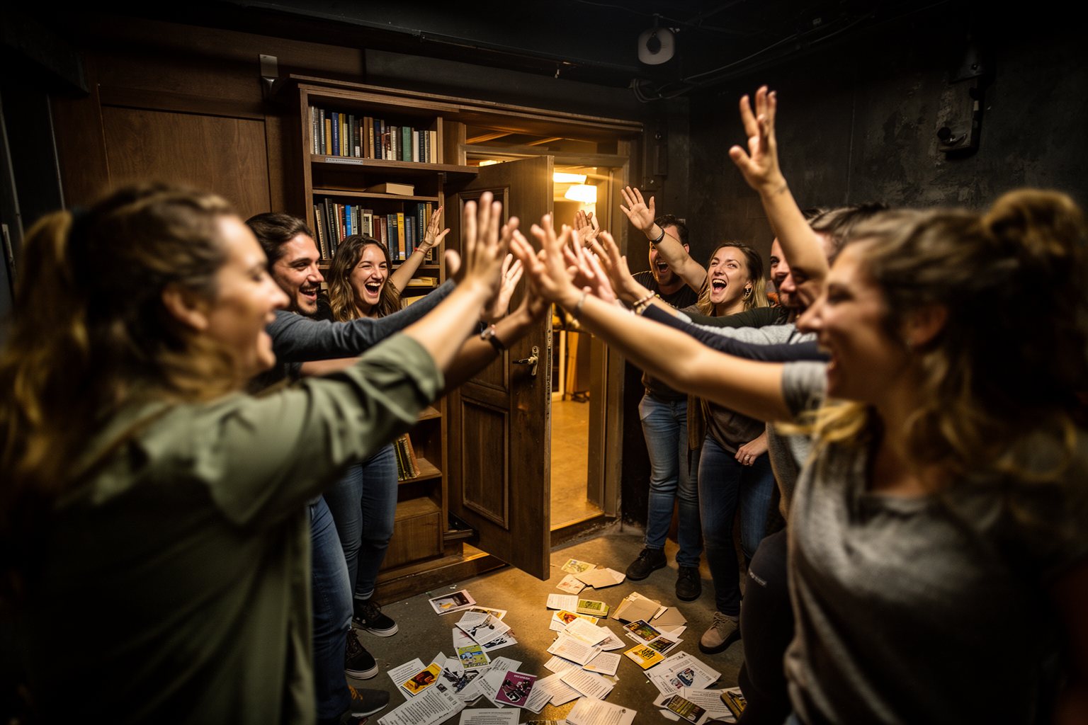 10 Las Vegas Escape Rooms You Absolutely Must Try Team cheering as a hidden bookcase door swings open after solving the final escape room puzzle