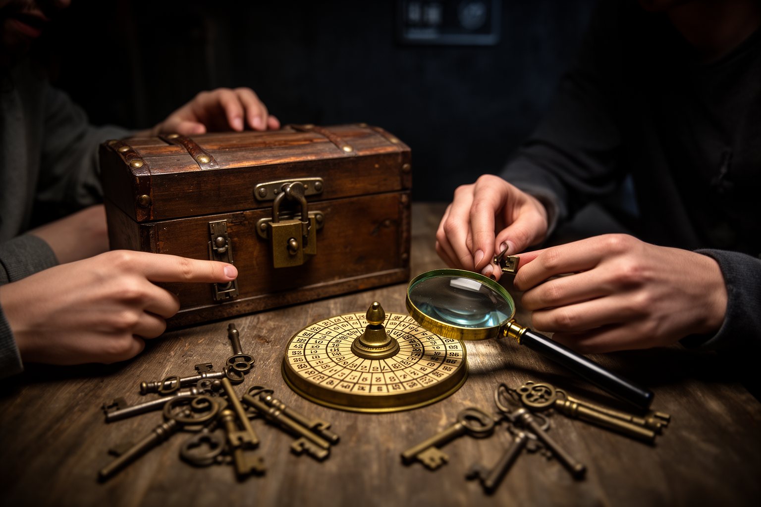 10 Las Vegas Escape Rooms You Absolutely Must Try Padlocked wooden chest, cipher wheel and magnifying glass on a table in a Las Vegas escape room