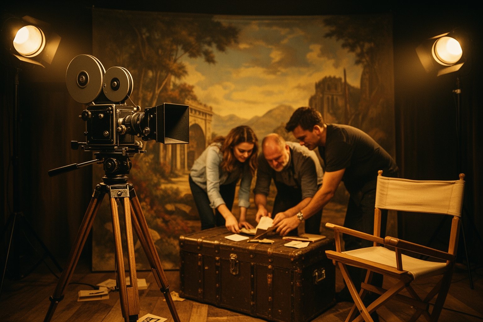 10 Las Vegas Escape Rooms You Absolutely Must Try Players on an old Hollywood film-set escape room with a vintage camera and director's chair