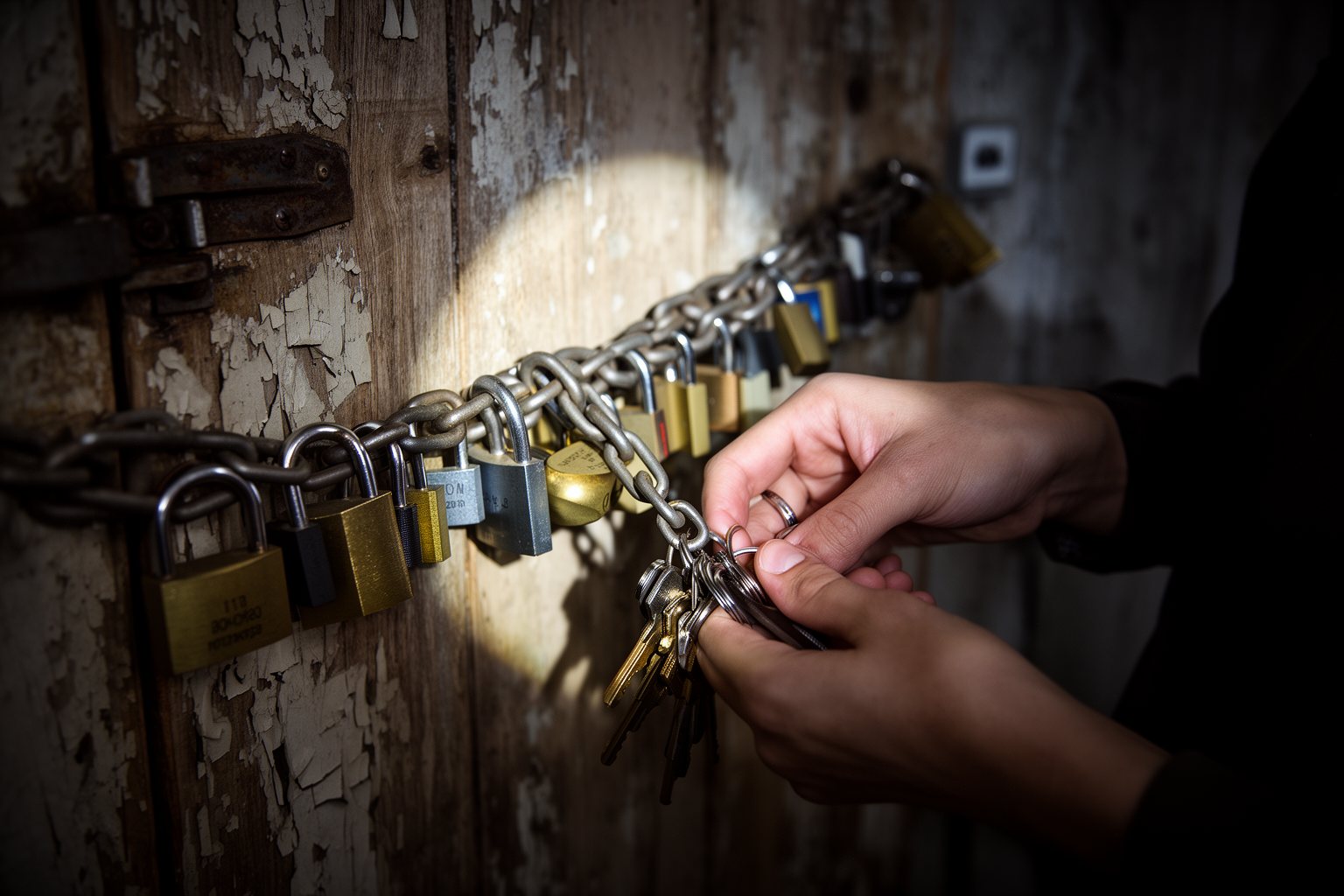 The Basement Escape Room: The Science of the Thrill Hands trying keys in a row of padlocks on a weathered escape room door